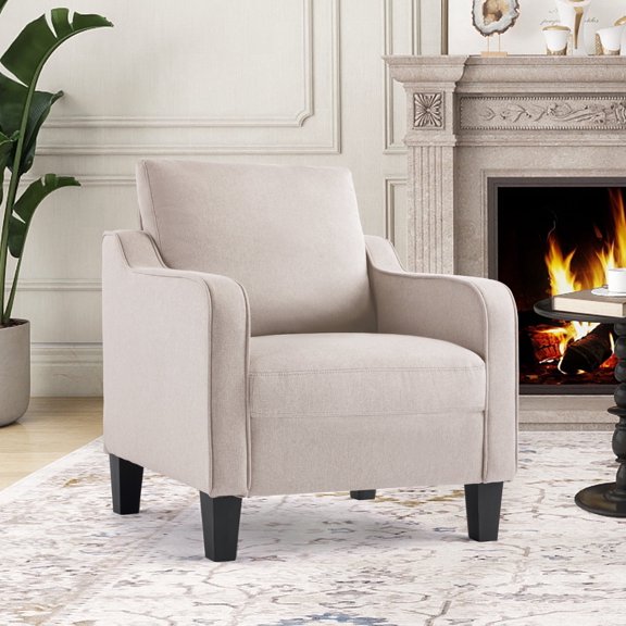 SAETSFEG Mid-Century Accent Chairs, Linen Modern Upholstered Living Room Chair, Comfy Reading Armchair with Scooped Arm and Wide Seat, Compact Single Sofa Chair for Bedroom Office, Beige 1PC