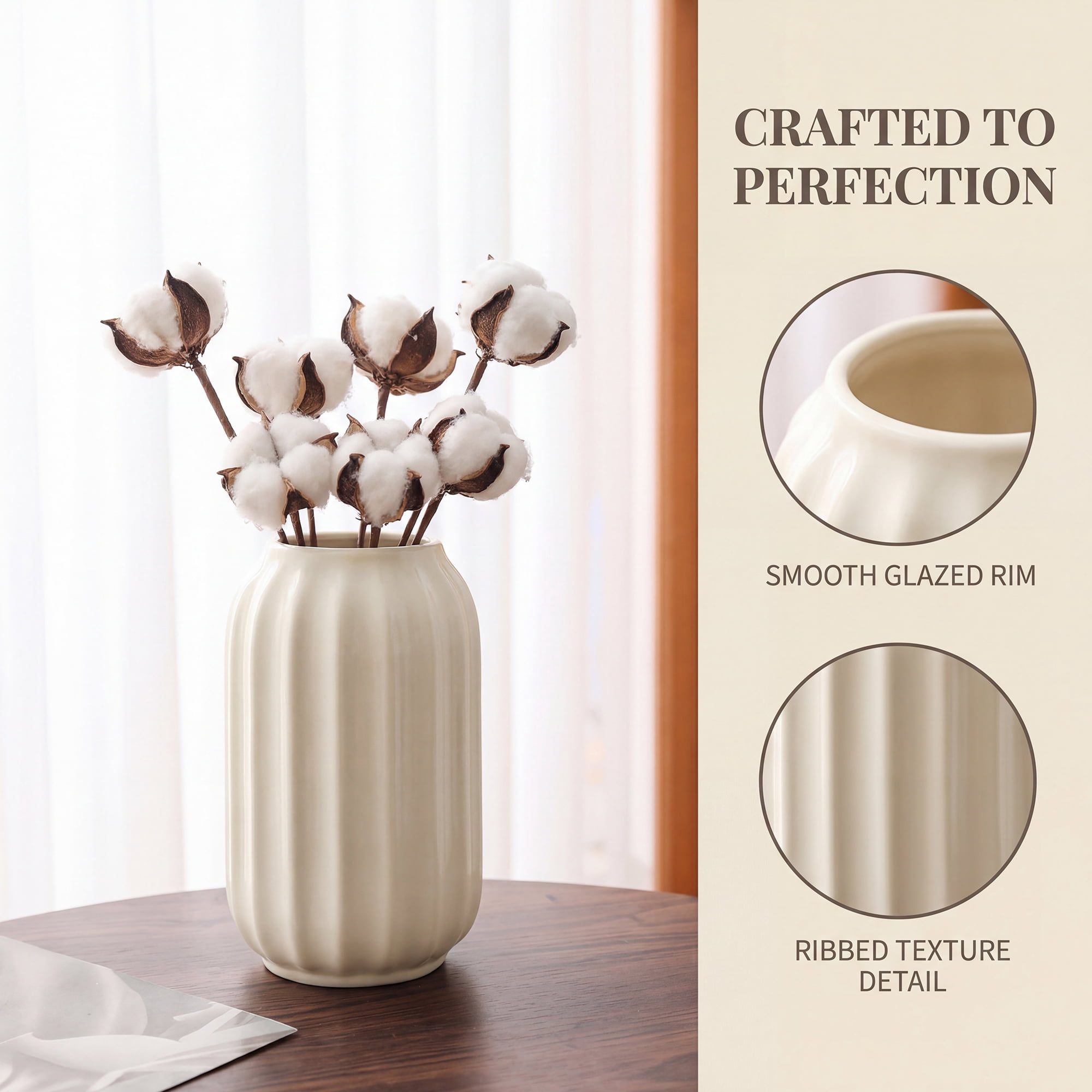 Unique Bargains Modern Ceramic Flower Matte Ribbed Vase Beige 3.5" x 3.5" x 5.9"