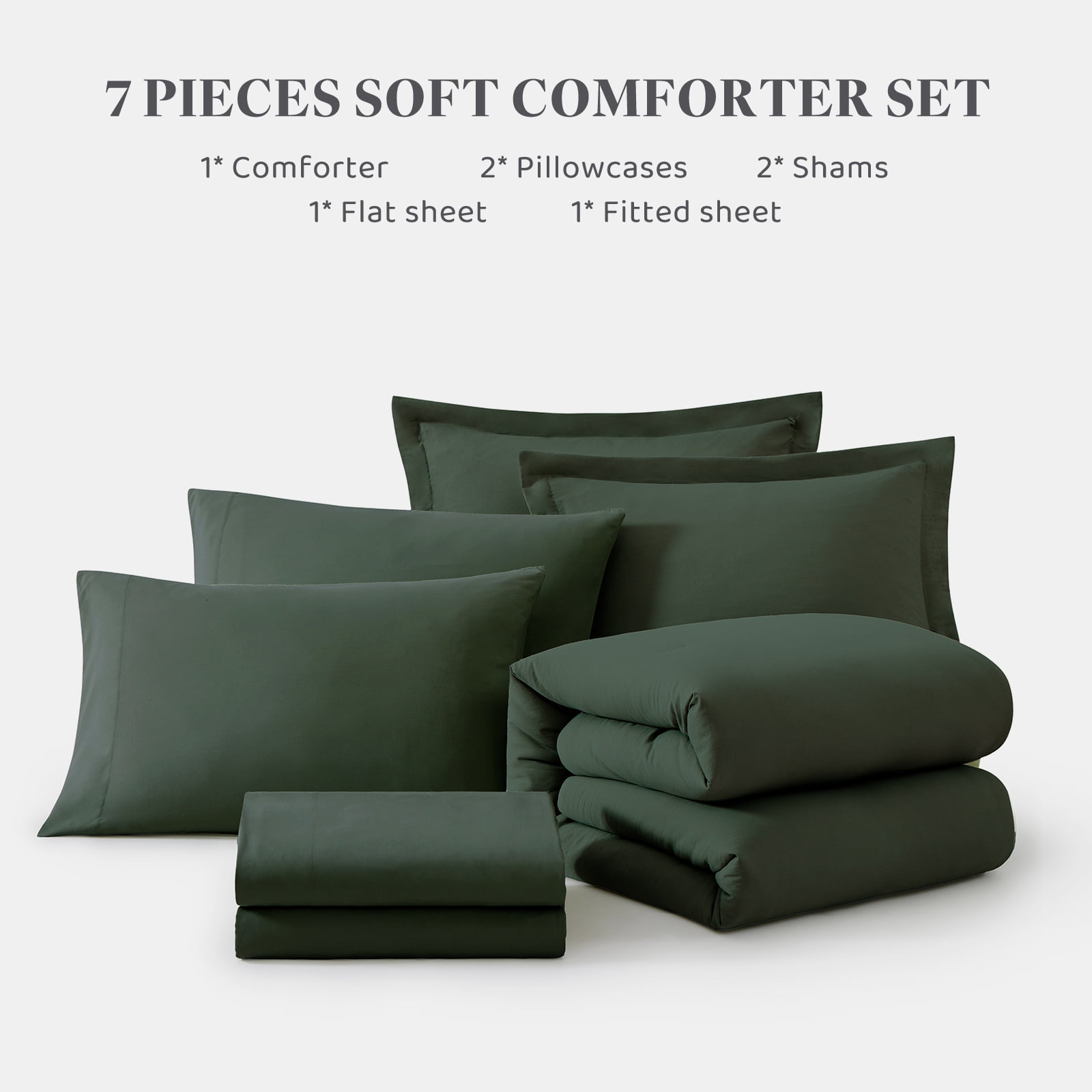 Amberspace Prewashed fabric 7-piece Bed in a Bag Comforter Set with Sheets,Dark green,Queen