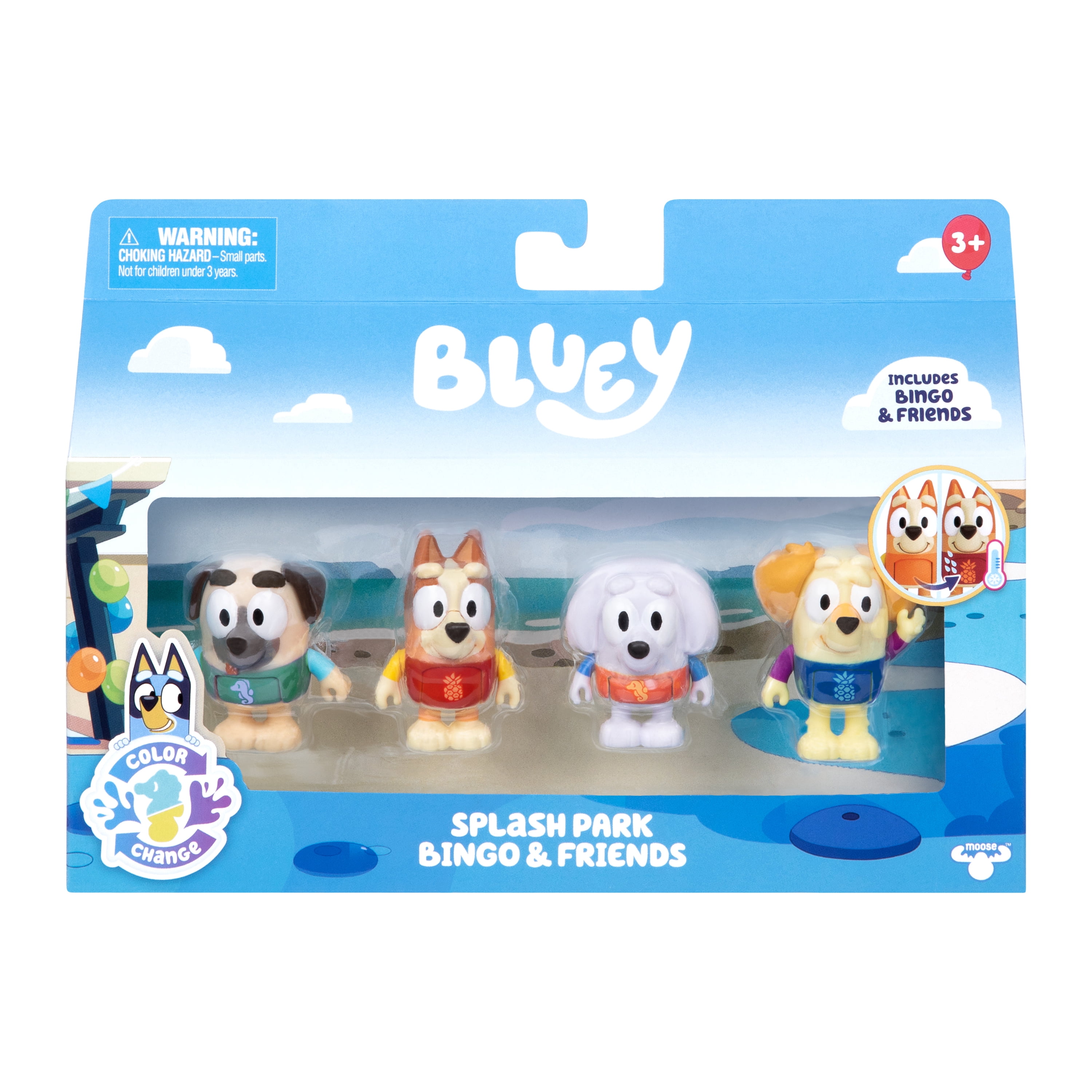Bluey, Splash Park Bingo and Friends 4 Pack, Includes Bingo, Buddy, Chucky and Lila with Color-Change Rashies, Ages 3+