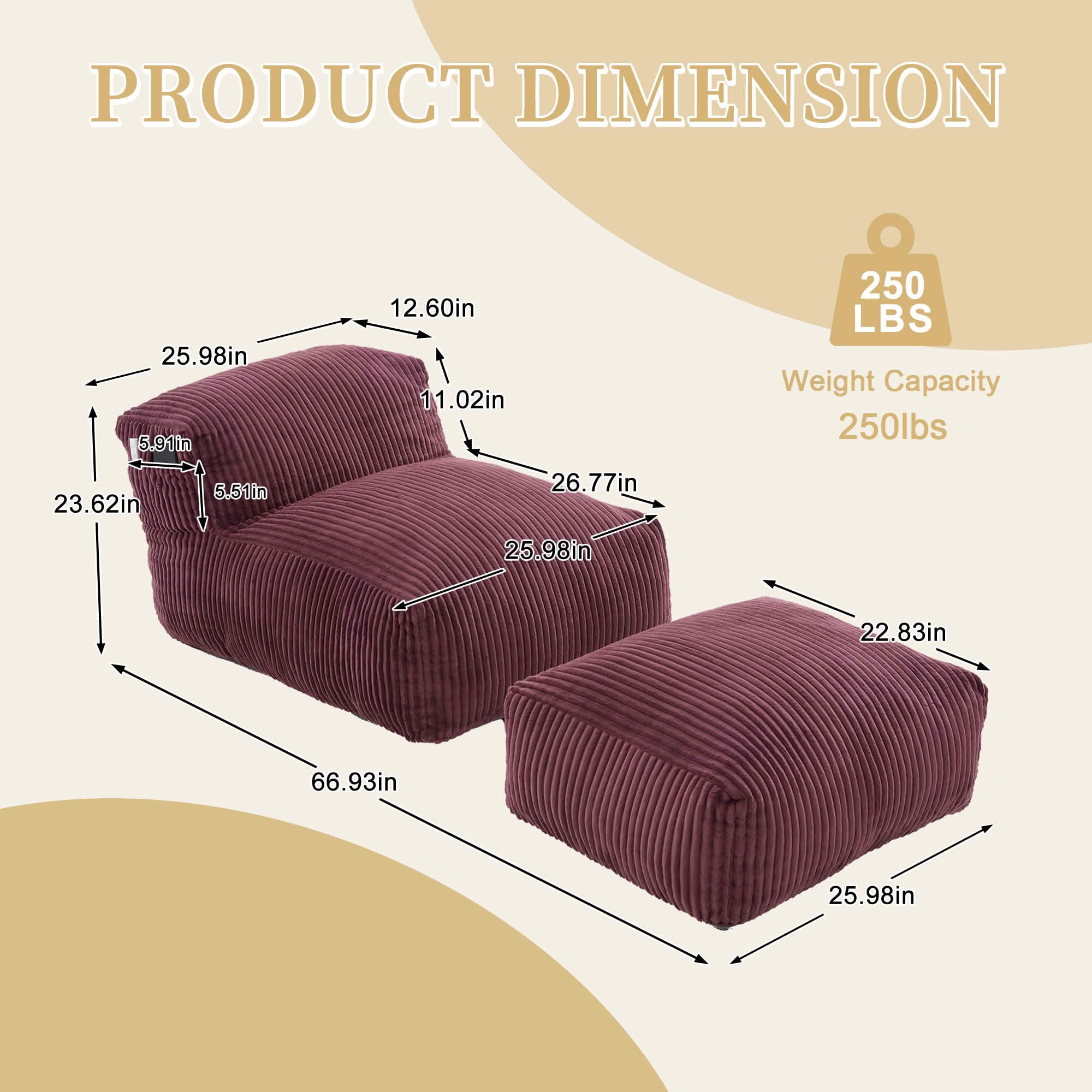 MAYEERTY Bean Bag Chair for Adults, Cozy Corduroy Lounger with High-Density Foam, No Assembly, Wine Red