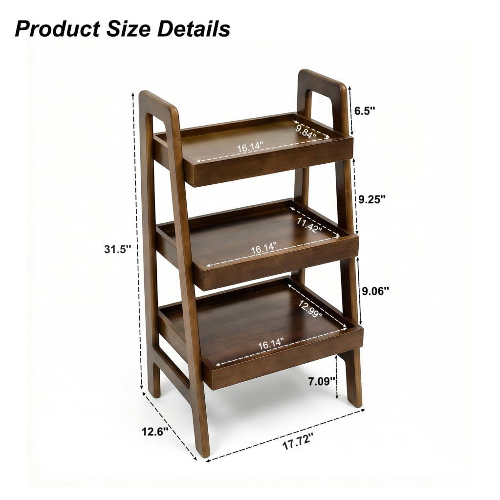 3-Tier Solid Wood Ladder Shelf, 100% Wood Bookshelf with Open Storage & Protective Edges, Freestanding Space-Saving Display Rack, Walnut