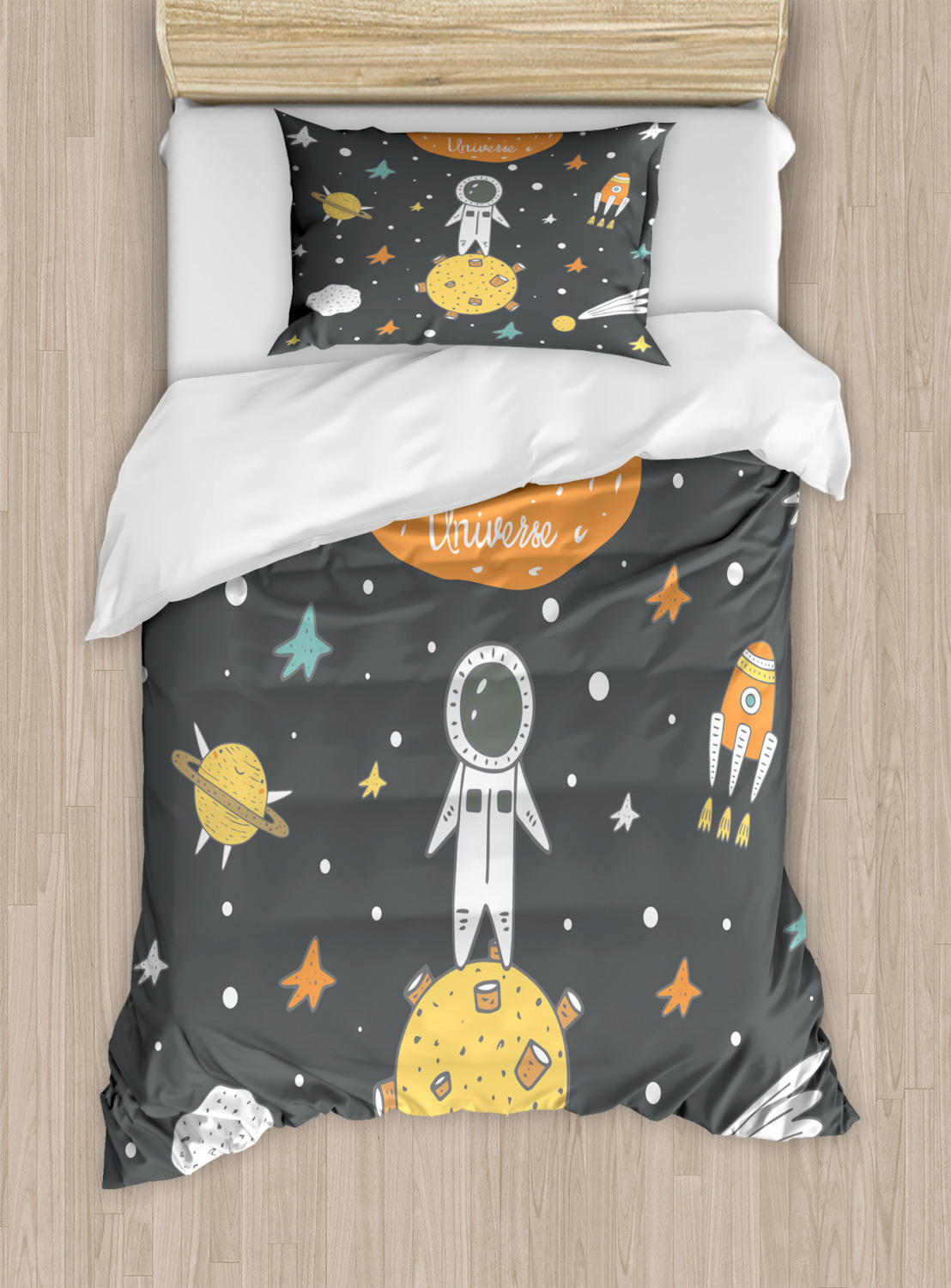 Outer Space Twin Size Duvet Cover Set, Doodle Style Astronaut Alien ...