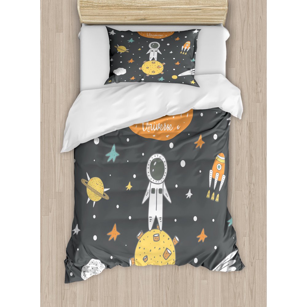 Outer Space Twin Size Duvet Cover Set, Doodle Style Astronaut Alien