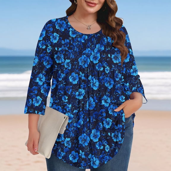 Jsaierl Tops for Women 3/4 Sleeve Plus Size Summer Crew Neck Shirts Fashion Graphic Ladies Blouses Classic Elegant Tunic Top L-5XL