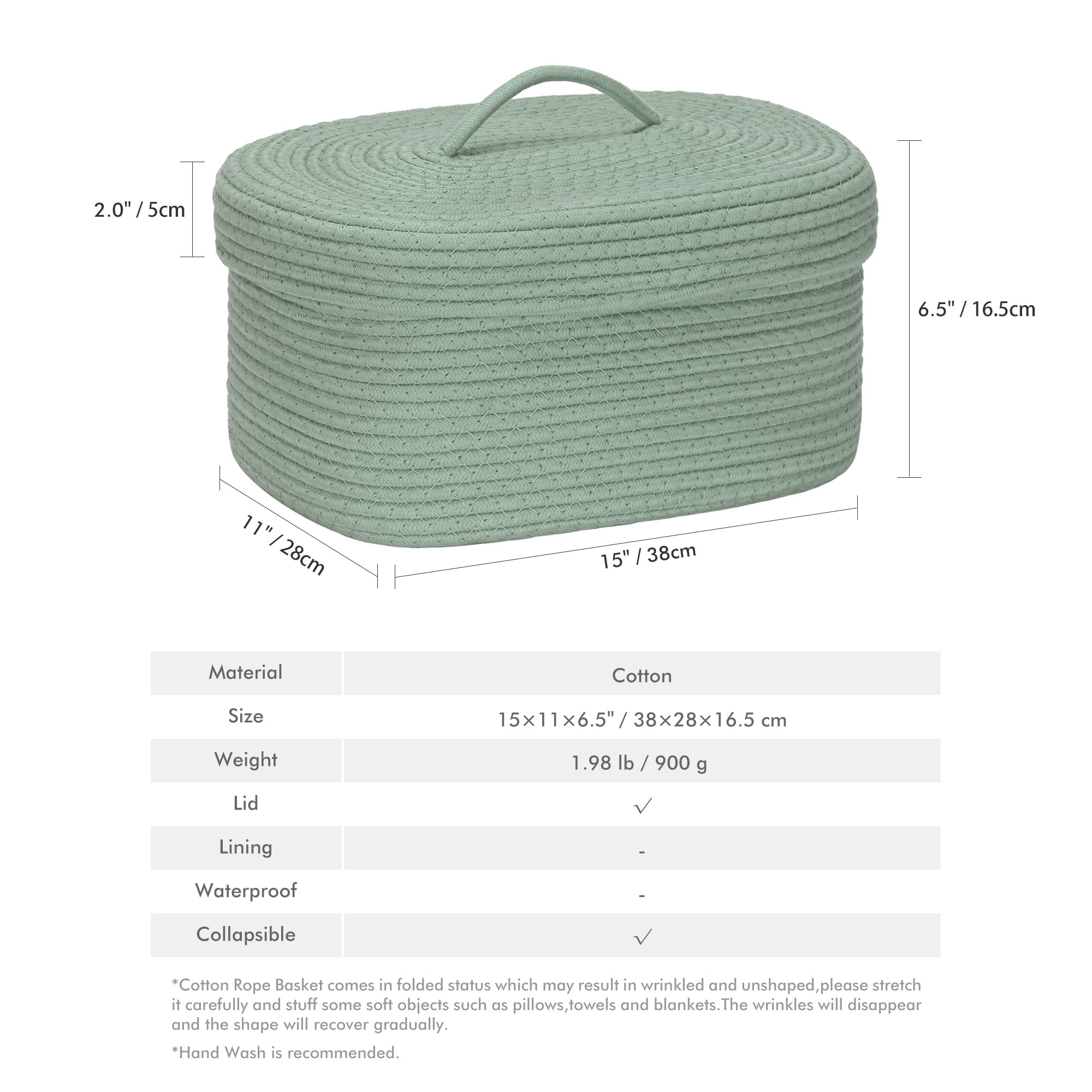 Sea Team Oval Cotton Rope Storage Basket with Lid, Lidded Woven Storage Bin, Nursery Storage Container, Diaper Caddy, Baby Shower Basket, Box, Organizer, 15 x 11 x 6.5 Inches, Green