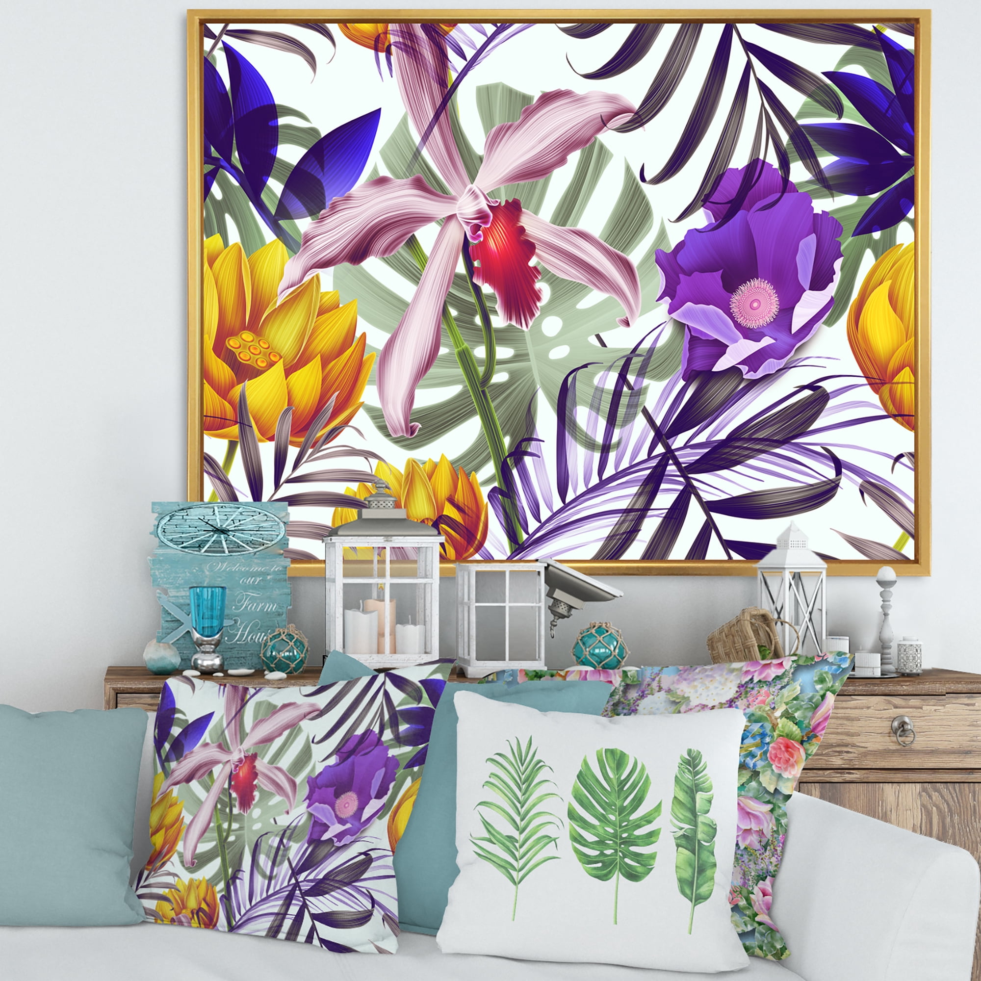 Designart 'VIntage Tropical Flowers IX' Traditional Framed Canvas Wall Art Print