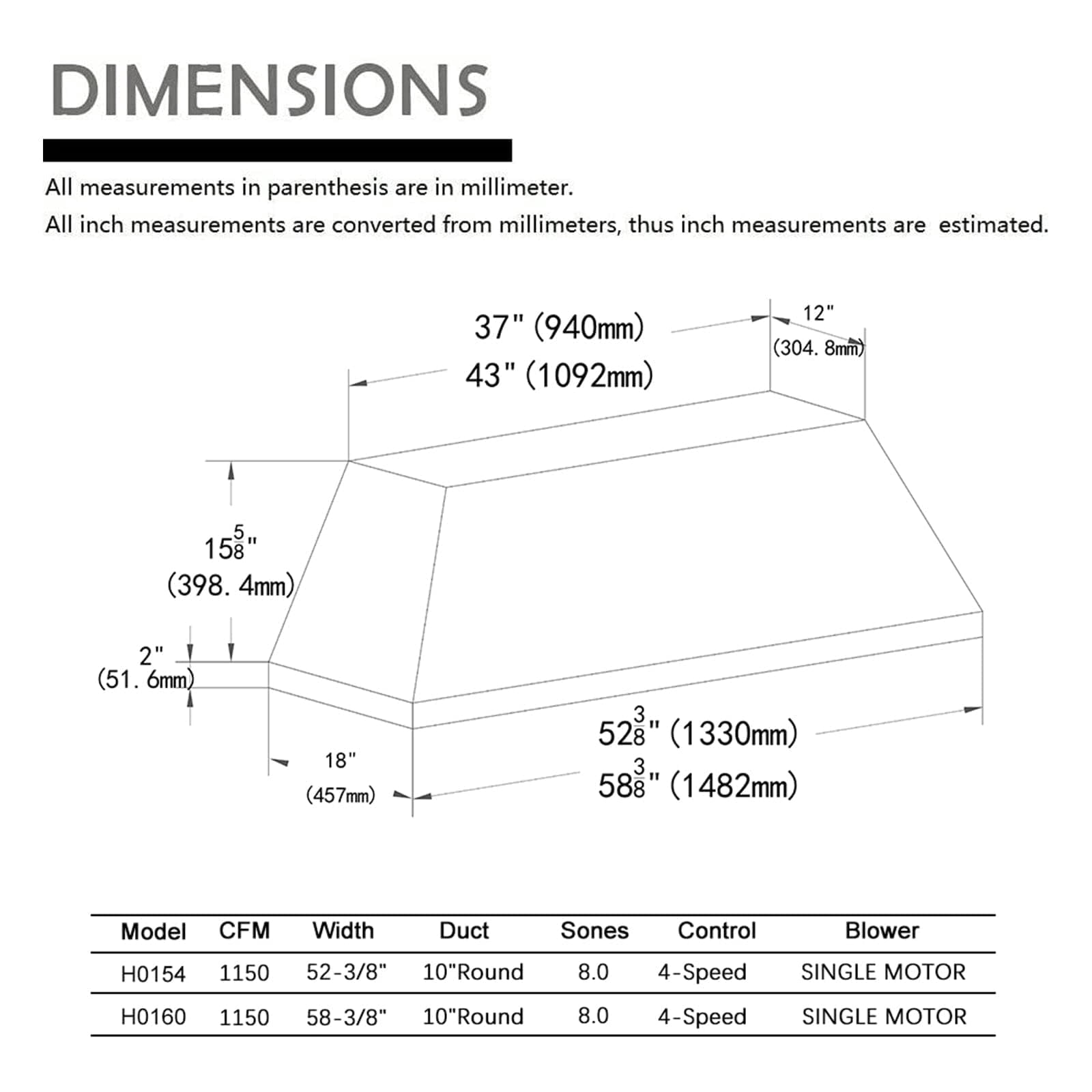 SINDA 54 Inch Built-in Range Hood Insert/Liner, 1260CFM in Stainless Steel