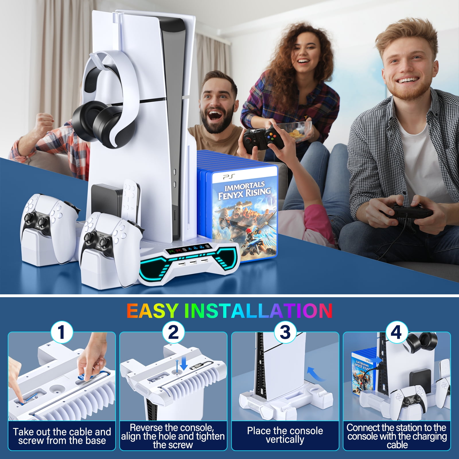 PS5 Stand with Cooling Fan, PS5 Cooling Station with Dual Controller Charging Station,PS5 Accessories for PS5 Standard Edition & Slim Edition & Pro Edition consoles - 3 Levels Fan & 3 USB Hubs,White