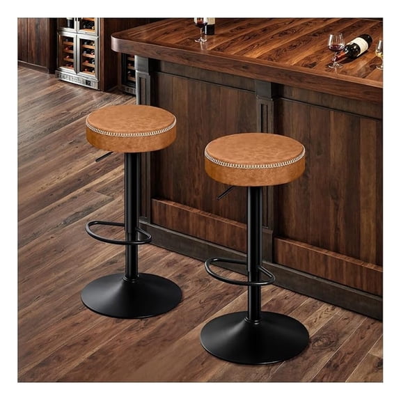 Tall Bar Stools Set of 2 Modern Microfiber Leather Bar Height Stools with Round Seat 360° Swivel Backless Counter Stools Adjustable Barstools for Kitchen Island Pub Brown(24-33 Inch,330lbs)