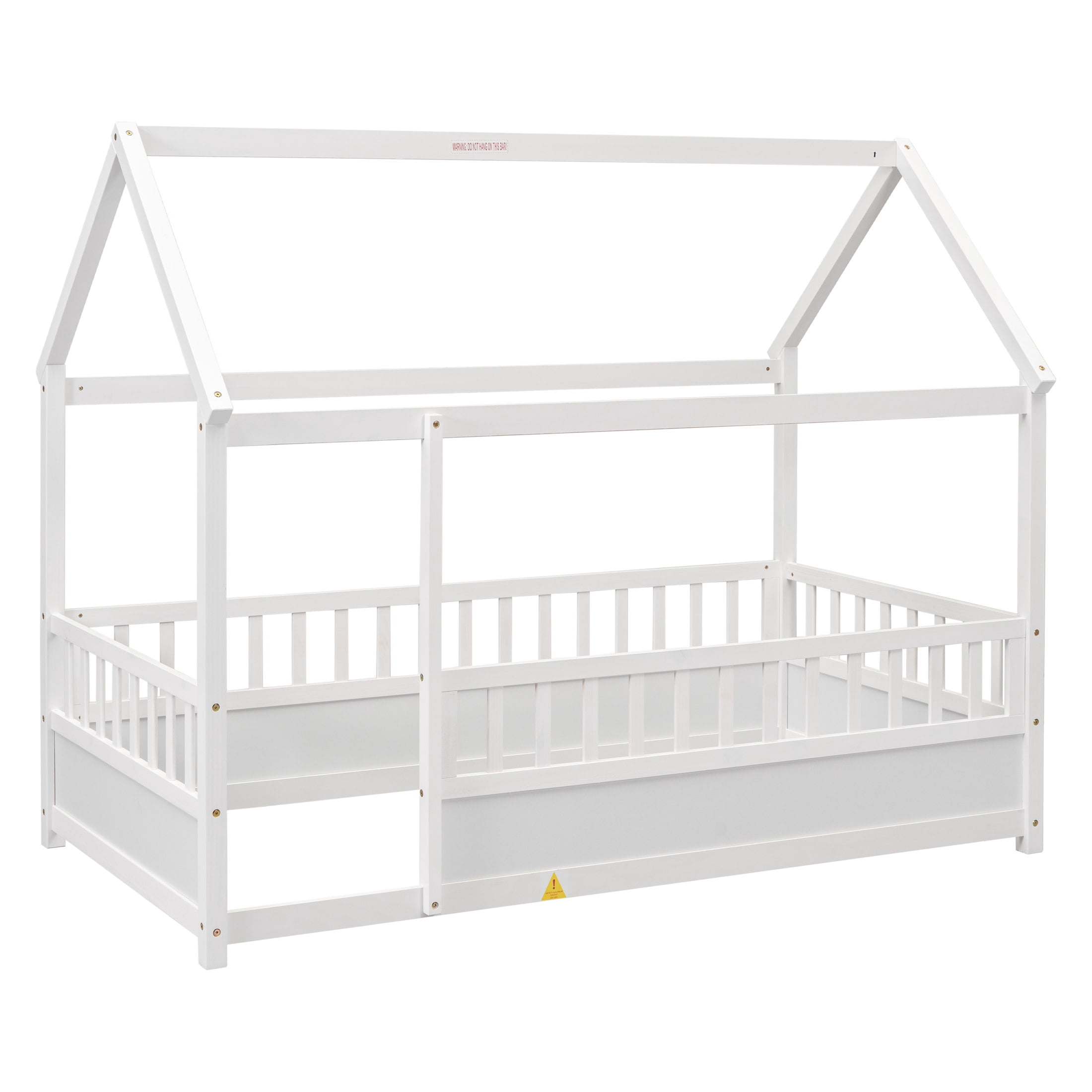 Noble House Twin Size Floor Bed with House Roof Frame and 20" Safety Guardrails, White