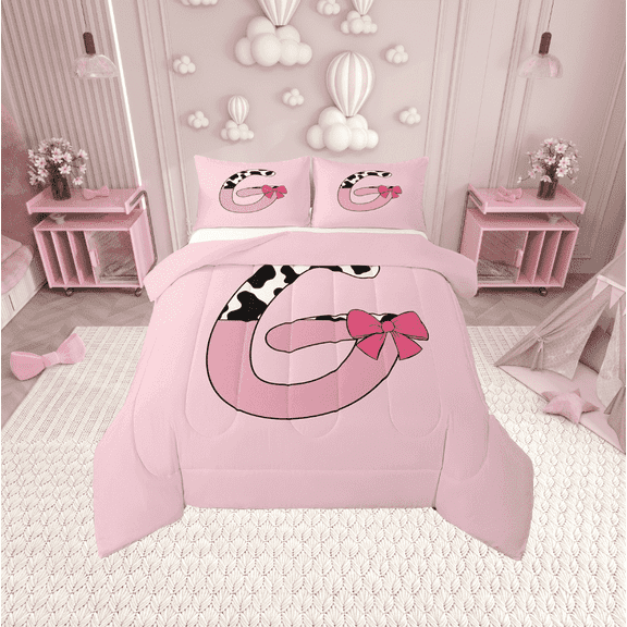 Erosebridal Monogrammed Letter Bedding Twin Comforter Set,Cattle Print Down Comforter,Super Cozy Reversible Bedding Sets Twin with Comforter,Pink Bow Tie Decoration,3pcs