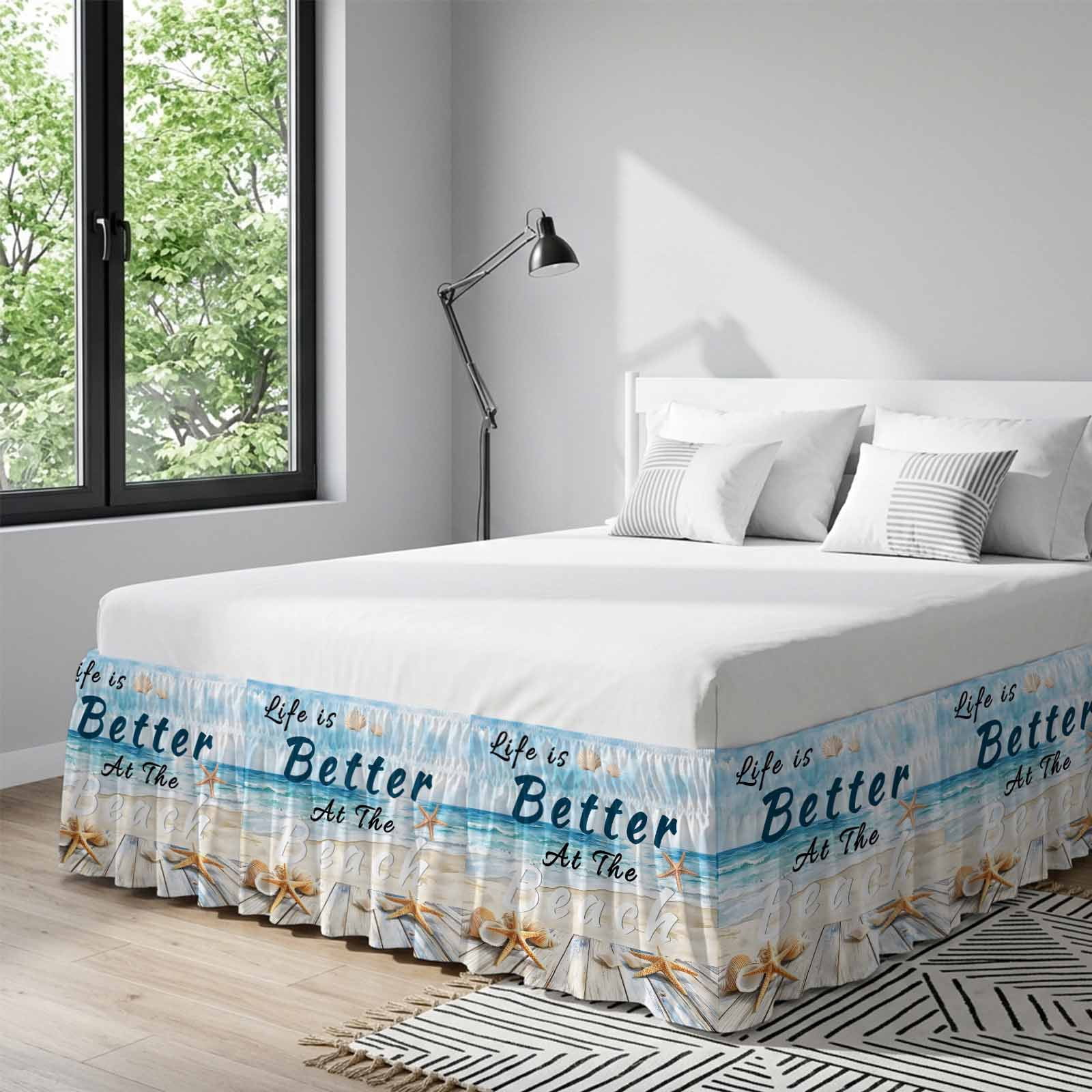 Summer Coastal Beach Bed Skirt Queen Size 16 Inch Drop, Adjustable & Elastic Wrap Around Bed Skirts Pleated Luxury Dust Ruffles For Twin Full Queen Cal King Base Beds, Ocean Wave Starfish Shell