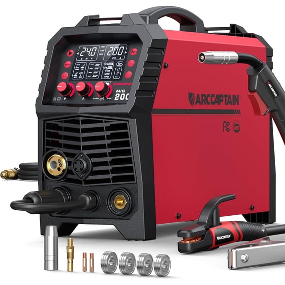 ARCCAPTAIN 200A 6-in-1 MIG Welder, Gas/Gasless/Stick/Lift TIG/Spot/Spool Gun, 110/220V , LED Display, Burn Back Adjustment