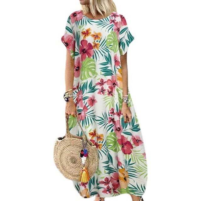 Bellella Robe Longue pour Femmes Manches Courtes Maxi Robes Imprimé Floral Été Plage Robe Kaftan Col Rond Vacances Blanc 2TG
