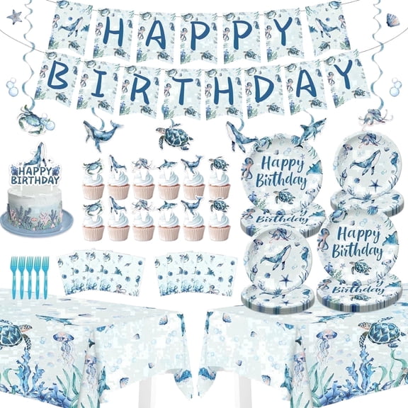 Heidaman Under the Sea Party Decorations, Ocean Themed Party Decorations with Banner, Hanging Swirls, Tablecloths, Plates, Napkins, Forks, Cake Topper, Cupcake Toppers