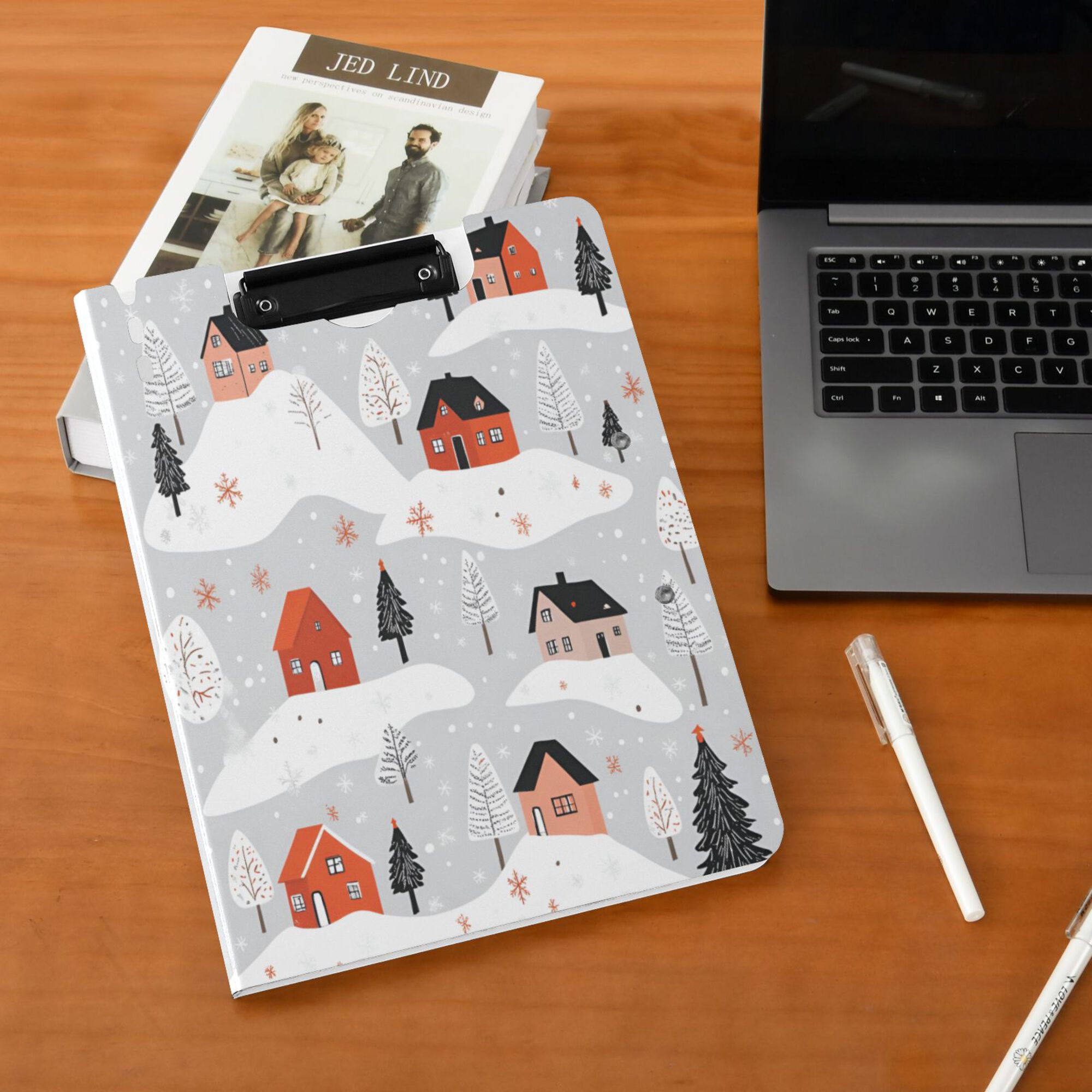 FORMRS A4 Clipboard Folder with Pen Holder Horizontal Foldable School Office Binder, Cartoon Red Houses