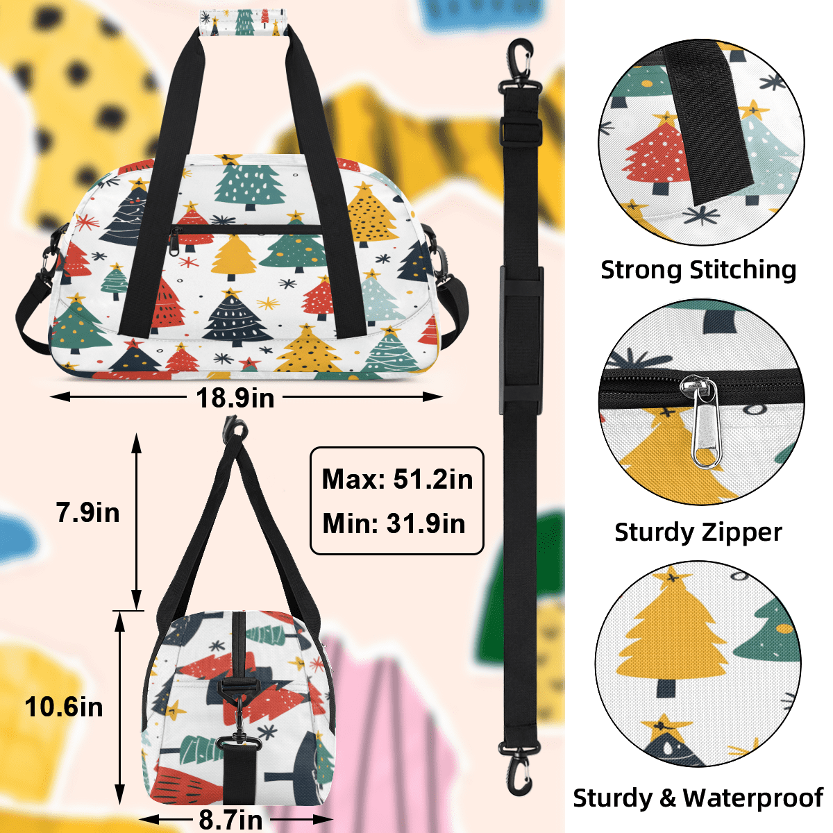 Herdesigns Christmas Tree Sports Duffle Bag for Women & Men, Colorful Gym Bag Dance Bag Overnight Bag Carry On Weekender Travel Bag