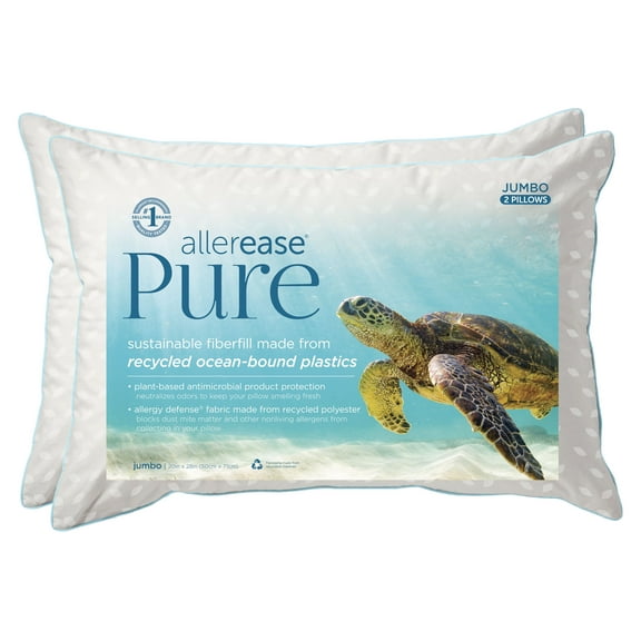AllerEase Pure Bed Pillow, Jumbo, White- Allergy Defense Plant-Based Antimicrobial, 2-Pack