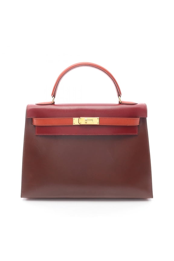 Pre-Owned Hermes Herms Kelly 32 Tricolor Handbag in Box Calf Leather, Brown, Bordeaux, and...