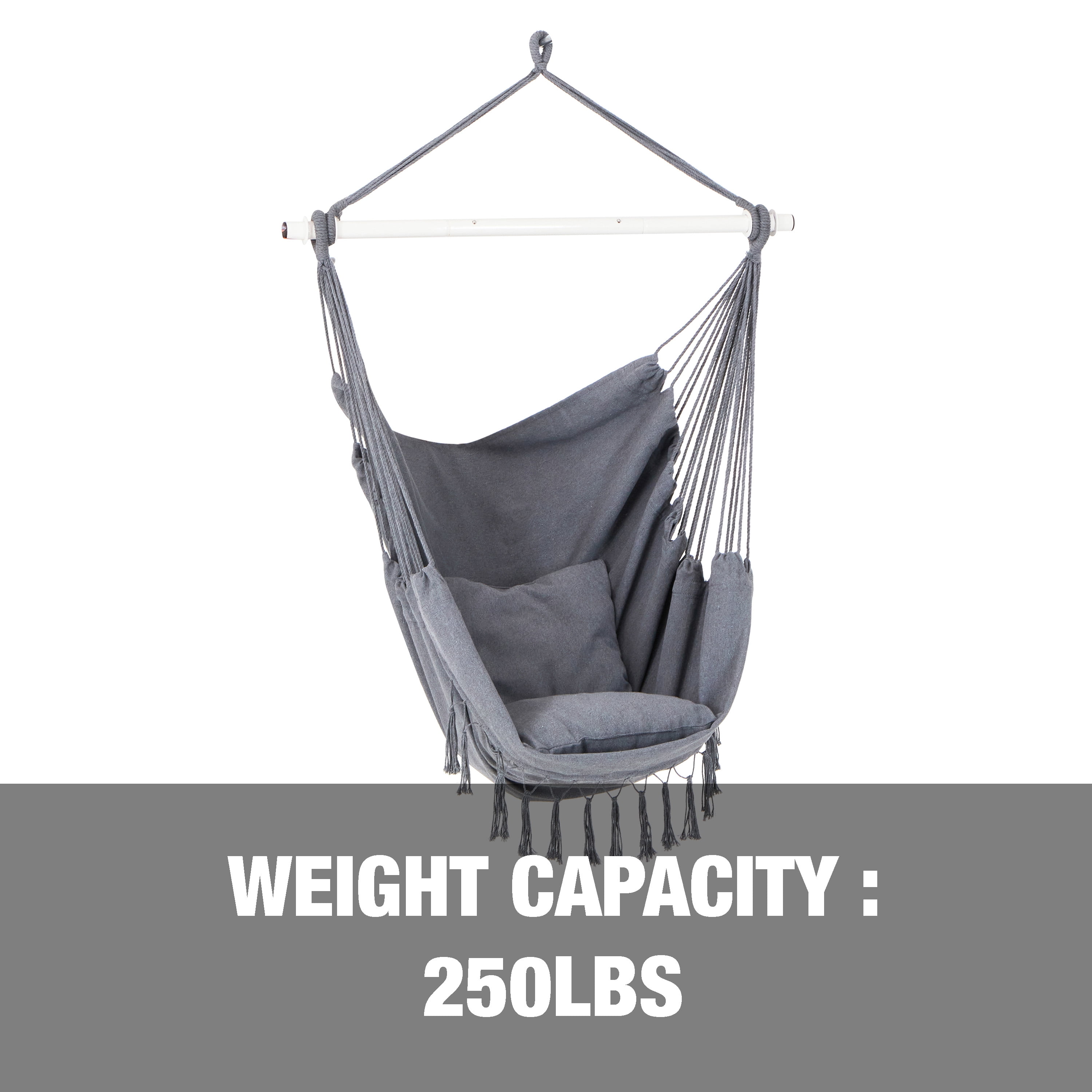 Bliss Hammocks Fringed Hammock Chair w/ 2 Matching Square Pillows & Built-In Side Pocket -Gray
