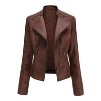 Dezsed Womens Faux Leather Moto Biker Jacket Women Ladies Lapel Motor Jacket Coat Zip Biker Short Punk Cropped Tops Coffee S