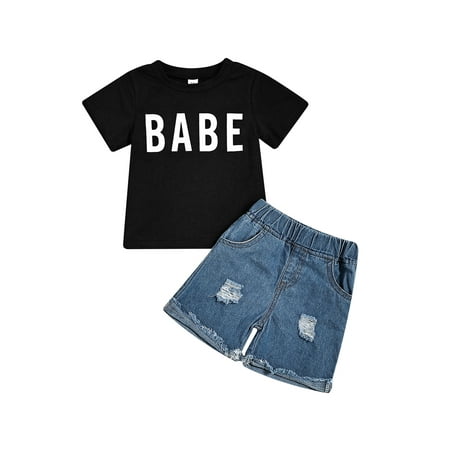 

Suanret Summer Toddler Kids Boys 2Pcs Outfits Letter Print Round Neck Short Sleeve T-Shirts + Ripped Denim Shorts Black 6-12 Months