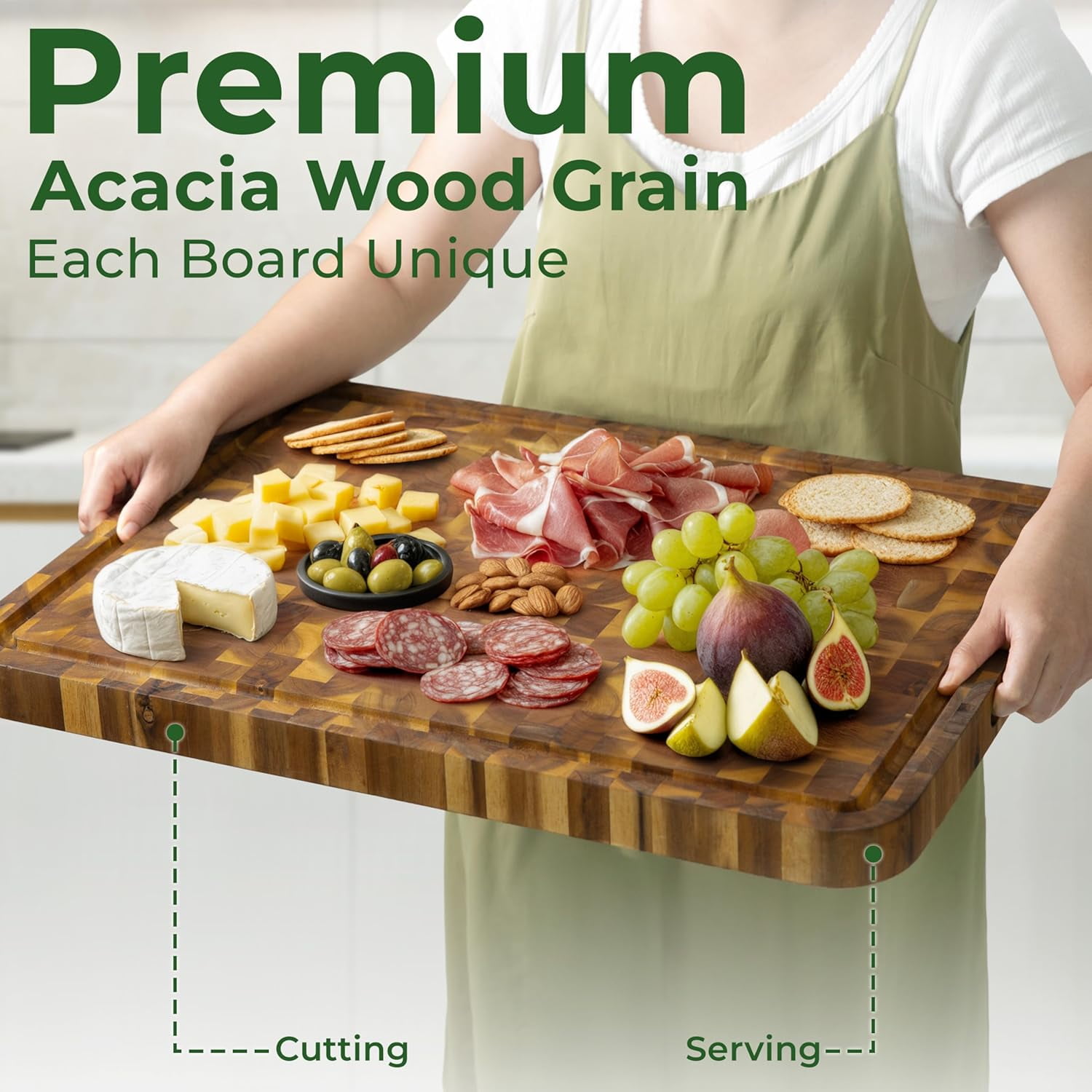 HOMESTEAD End Grain Acacia Wood Cutting Boards 23x18x1.5 – Butcher Block Chopping Board with Sorting Compartment, Juice Grooves & Handles – Non-Toxic Kitchen Board for Food Prep, Home Decor