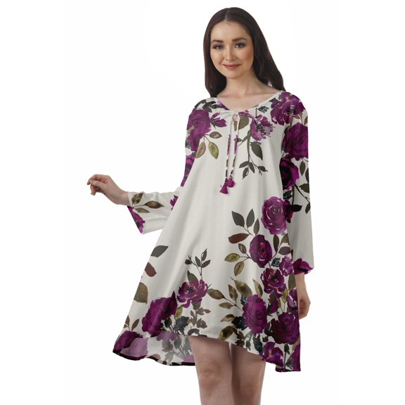 Moomaya Rayon Flared Dress For Womens Long Sleeve Printed V-Neck Casual Beach Dress For Girls