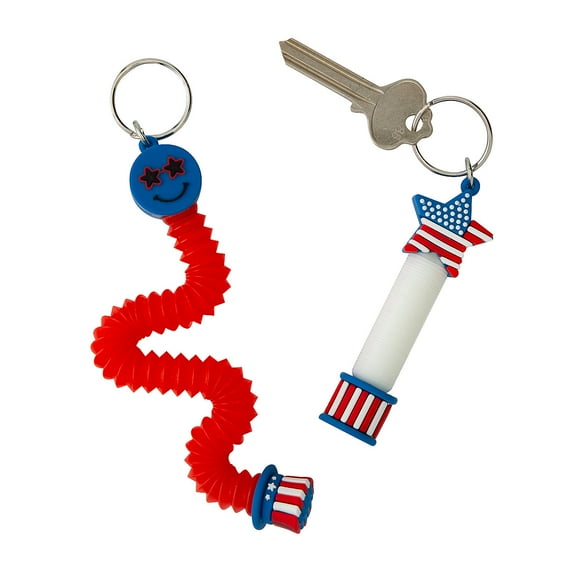 Fun Express 4" Patriotic Expanding Tube Smile & Star Plastic Fidget Toy Keychains - 12 Pieces