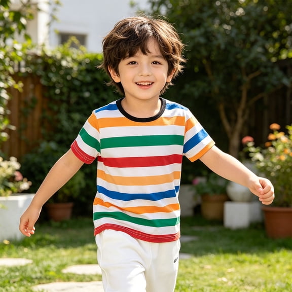 Trendfront Youth Boys Colorful Rainbow Striped Tops Summer Breathable Short Sleeve Tee Kids Everyday Casual Versatile Crewneck T Shirts