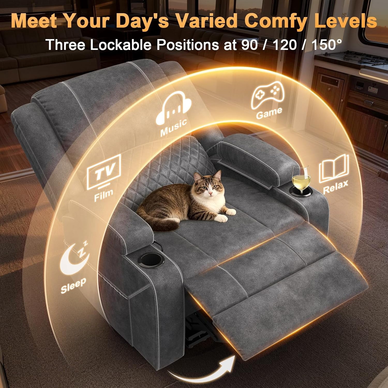 Oversized Manual Recliner Chair, 3X Home Theater Seating, RV Single Sofa w/ Storage & Cup Holder, for Living Room , Velvet Grey