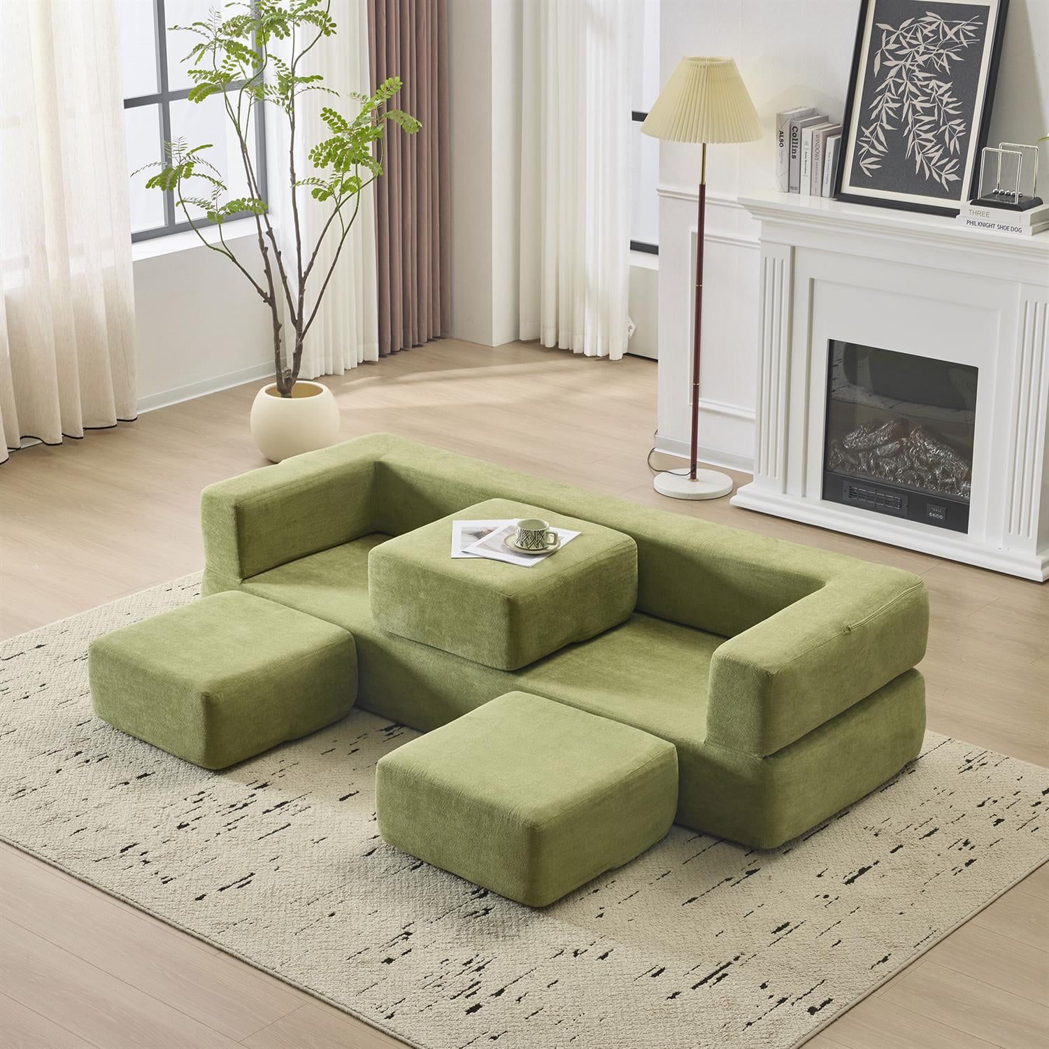 Demi Bonn Convertible Sectional Sofa with 3 Storage Ottomans, Space-Saving Chenille Couch, High-Resilience Foam for Studio Apartments & Home Offices, Green