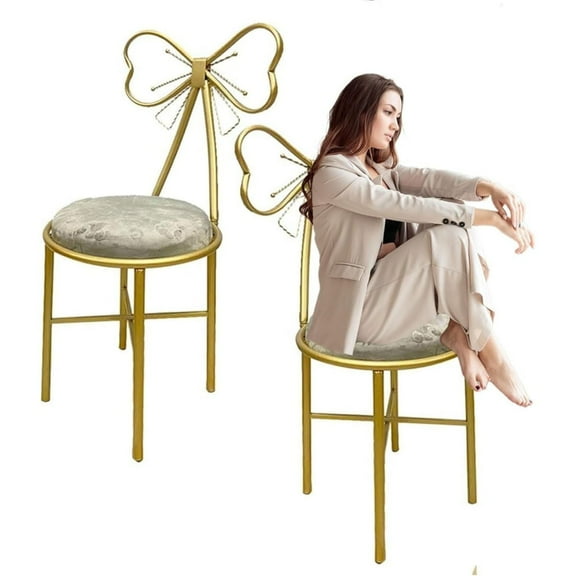 2PCS Butterfly Backrest Vanity Chair with Leather Cushion, Wrought Iron Dressing Stool for Bedroom Living Room, Leather Pink