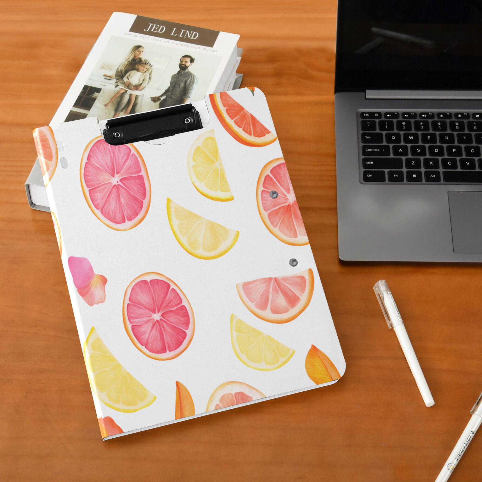FORMRS A4 Clipboard Folder with Pen Holder Horizontal Foldable School Office Binder, White Grapefruit Slices