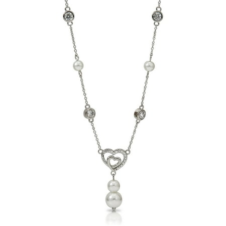 IN LOVE BY BRIDES Simulated Diamond and Imitation Pearl Rhodium-Tone Heart Y Necklace