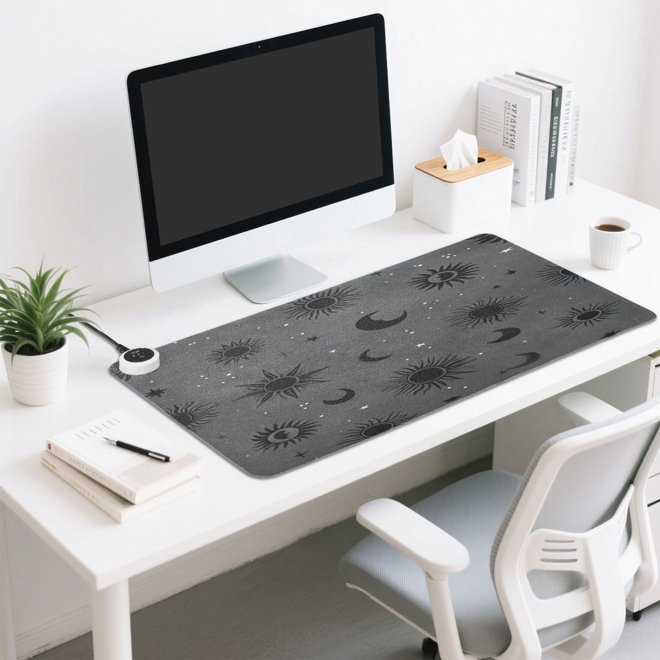 Large Heated Desk Mat Mouse Pad 31.5"x13"PU Leather Graphene Heating Desk Warmer with 3 Temperature Settings 110V US Plug Non-Slip Warm Pad for Home, Office, and Gaming Grey Astrology Celestial Art