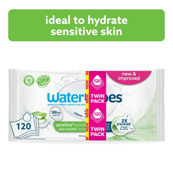 WaterWipes Sensitive Hydrating Boost Wipes, 3-In-1 Cleans, Cares, Hydrates, 99% Water with Aloe Vera, Unscented & Hypoallergenic Baby Wipes, 2 Packs (120 Wipes)