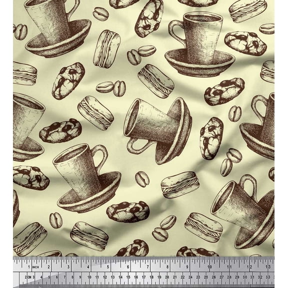 Soimoi Poly Georgette Fabric Burger,Cookies & Cups Print Sewing Fabric Yard 52 Inch Wide