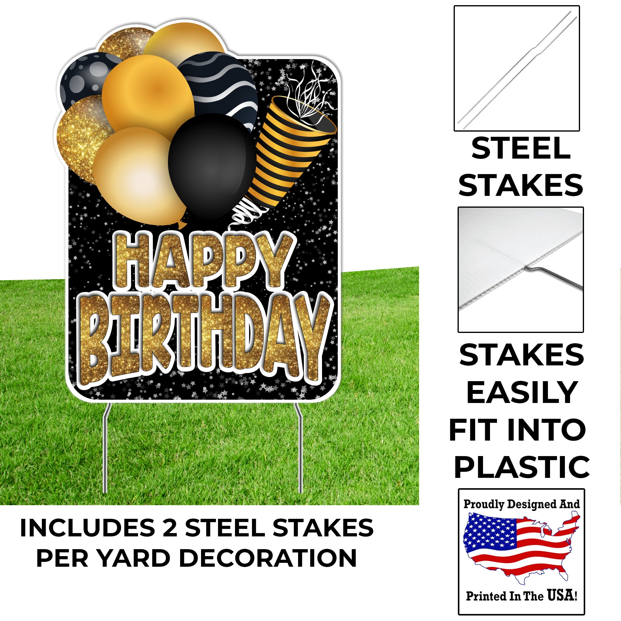 Happy Birthday Big Yard Black & Gold Yard Sign Decoration Set, Happy Birthday Lawn Signs, 8 Pieces (19485)