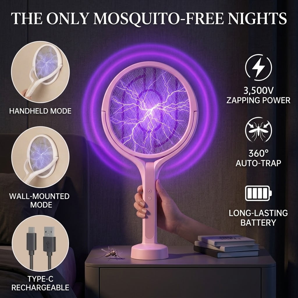 FIIOEOY Rotating Head Electric Fly Swatter Racket 3000V Rechargeable Bug Zapper Racket Bug Zapper Indoor Fly Zapper Mosquito Zapper Flies Killer for Indoors, with a Telescopic Extension