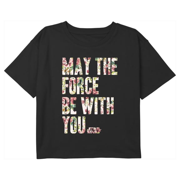 Girl's Star Wars May the Force Be With You Floral Quote Graphic Cropped T-Shirt Black Small