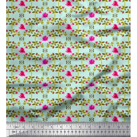 Soimoi Green polyester Crepe Fabric Leaves,Pink Floral & Ogee Damask Print Fabric by Yard 42 Inch Wide