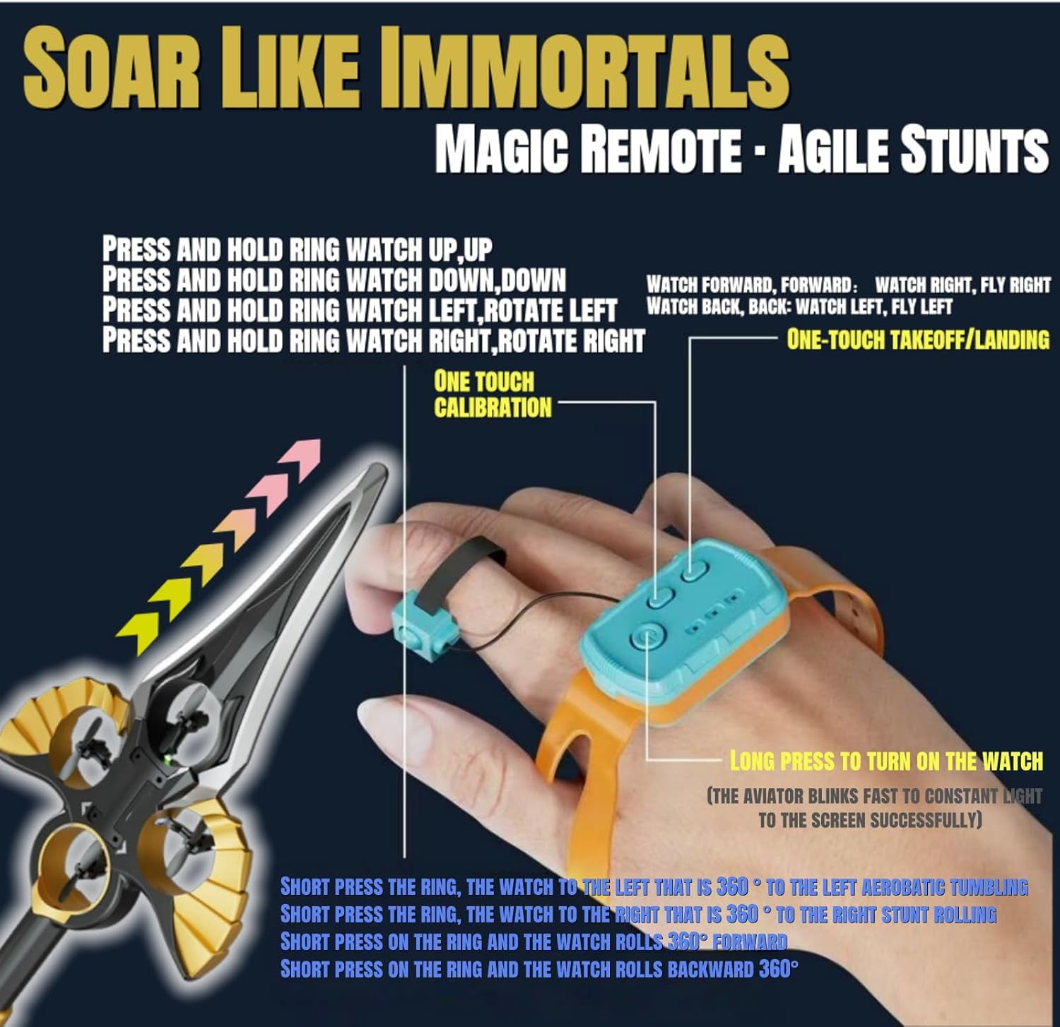 Flying Sword RC Glider with Autopilot - Remote Flying Sword& 3-Speed Stunt Control (Hand Wave/Controller Mode) Lightweight RC Airplane Gift for Teens and Adults - Gold (Gesture Remote Control)