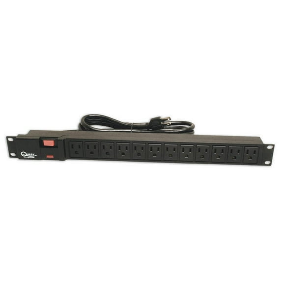 Horizontal Rack Mount Surge Strip, 12 Outlets, 120V/15A, 1U, 19", Black