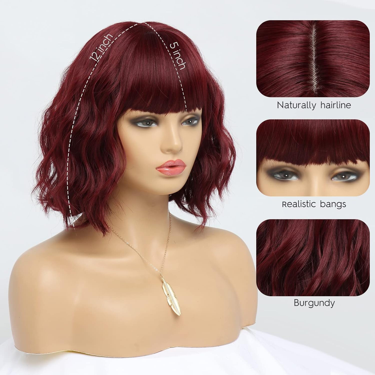 DOPI Short White Silver Wigs for Women Ombre Grey Wavy Bob Wig with Bangs Medium Length Synthetic Hair Water Wave Dark Roots Wig Gray Colorful Wigs（12 Inches）