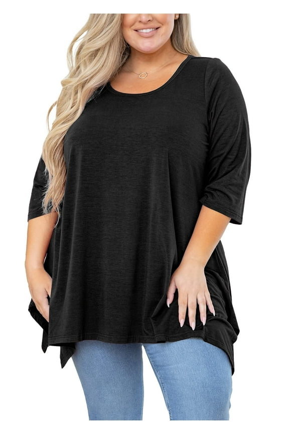 Plus Size Tops for Women Tunic 3/4 Sleeve Clothes Black 3X Blouse Swing Tunic Clothing Side Split Crewneck Flowy Shirt for Leggings