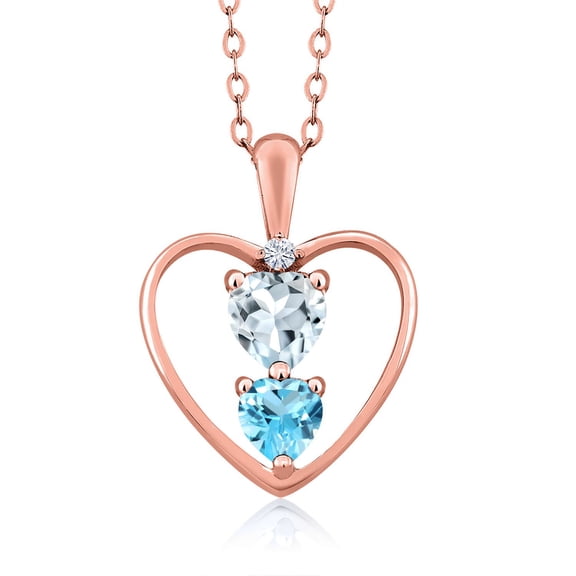 18K Rose Gold Plated Silver Sky Blue Aquamarine Swiss Blue Topaz and White Moissanite Pendant Necklace for Women (0.75 Cttw, Gemstone March Birthstone, Heart 5MM and 4MM, with 18 inch Silver Chain)