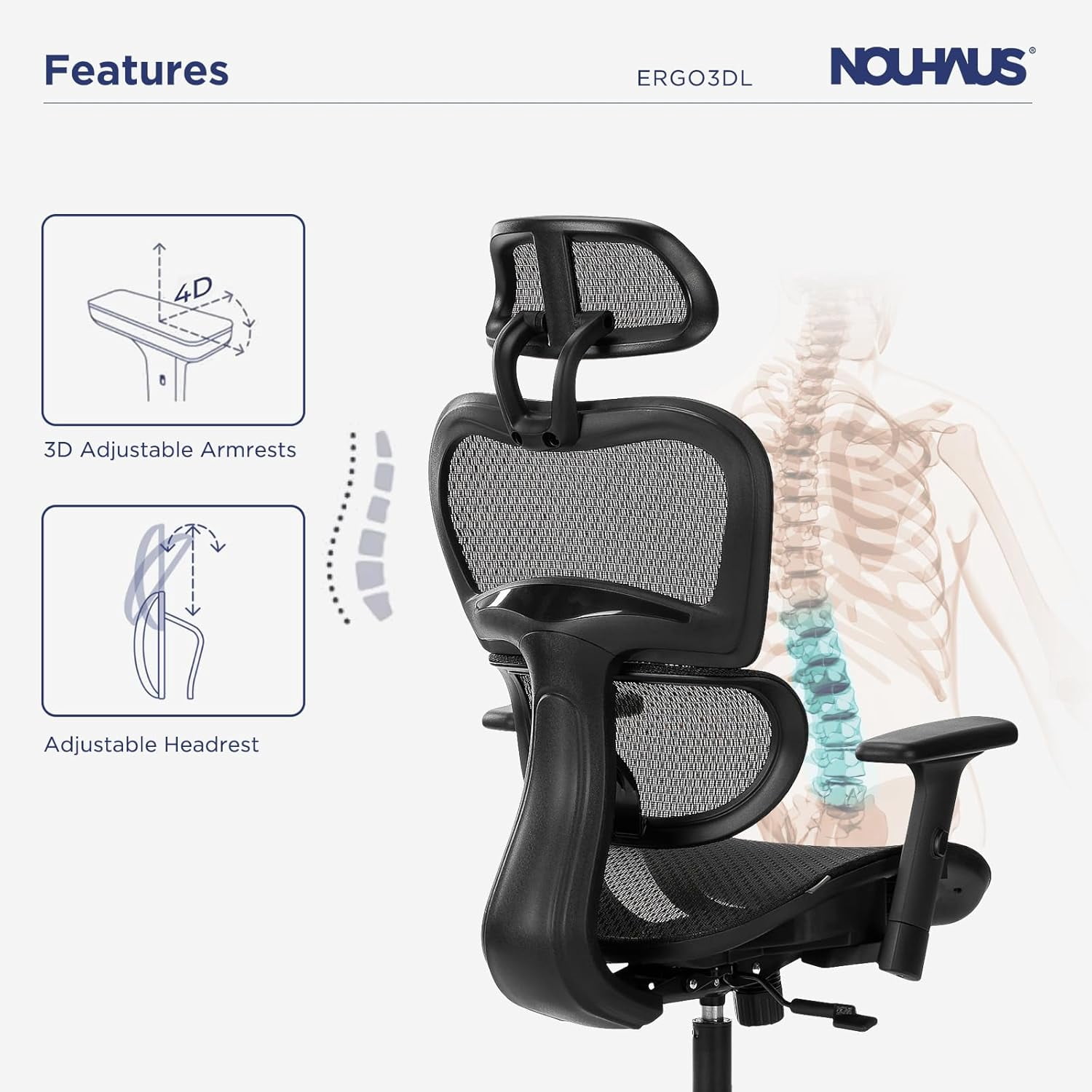 NOUHAUS Ergo3DL Ergonomic High-Back Mesh Office Chair with Adjustable Headrest, Lumbar Support, and Armrests, Black