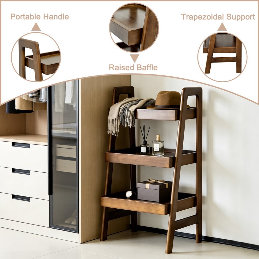 3-Tier Solid Wood Ladder Shelf, 100% Wood Bookshelf with Open Storage & Protective Edges, Freestanding Space-Saving Display Rack, Walnut